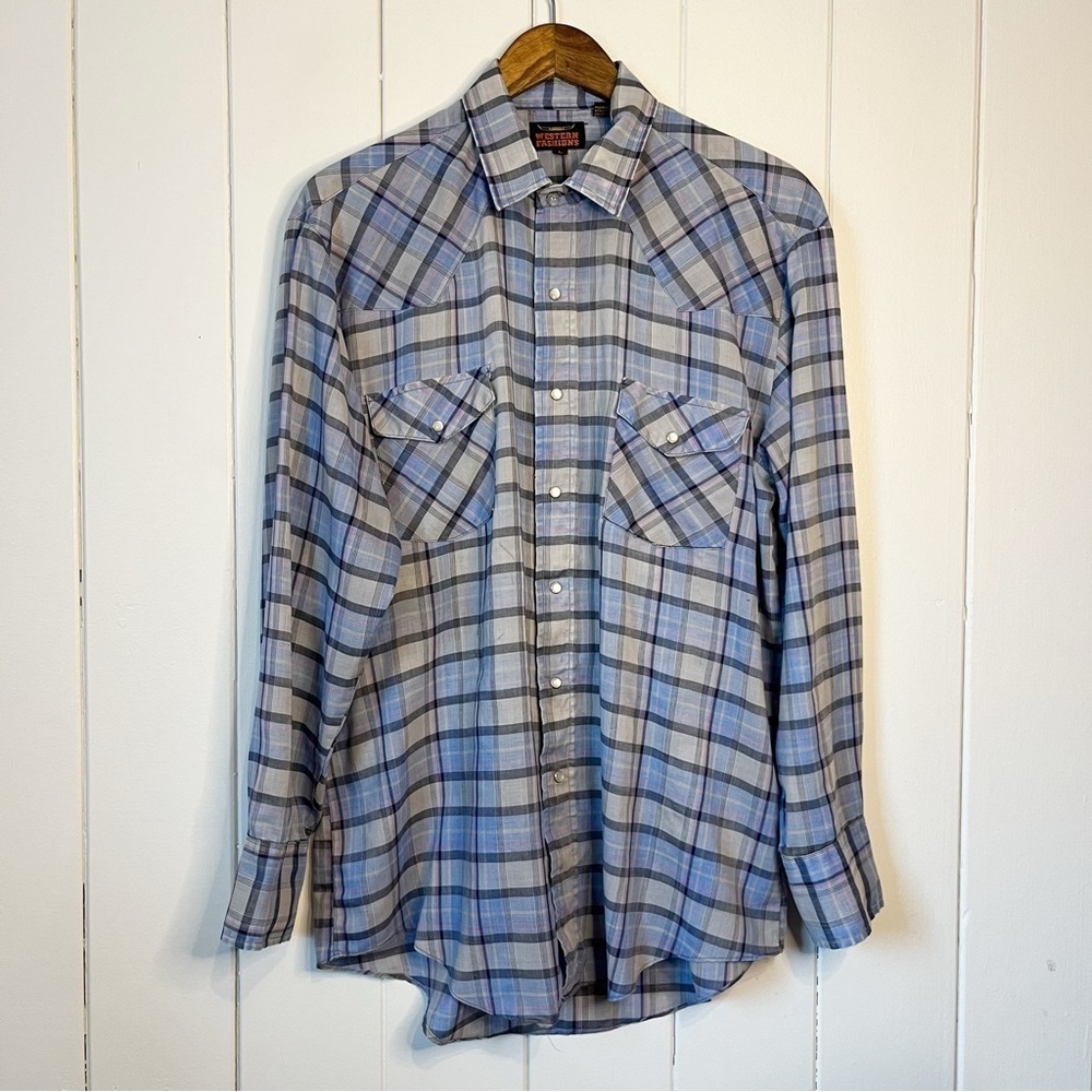 Vintage 80's Western Fashions Light Blue Plaid Button Down Shirt. Size Large.